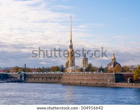Peter and Paul Fortress across the Neva river, St. Petersburg, Russia. Petersburg. Peter and Paul Fortress spike.