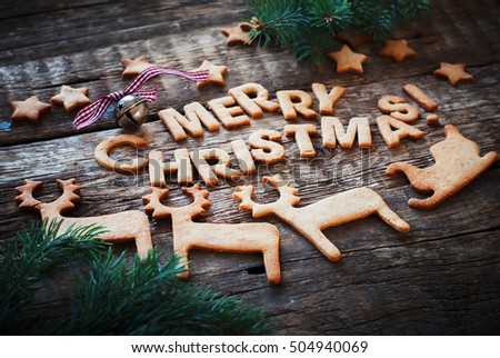 Card Gingerbread Cookies Baked Letters Merry Christmas Bell Fir Tree Figures of Deers Sledge Star Toned Long Banner