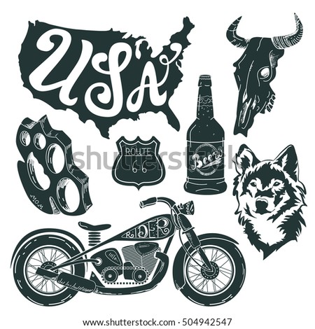 Motorcycle set of isolated icons with recognizable objects and attributes of bikers. Vector illustration. EPS 10