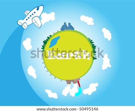Planet the earth and the flying plane. Color illustration.