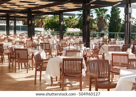 empty restaurant in the hotel is all inclusive in Turkey Royalty-Free Stock Photo #504960127