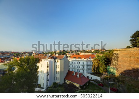 Prague cityscape in late afternoon sun, Czech republic. Photo taken at Vysehrad.