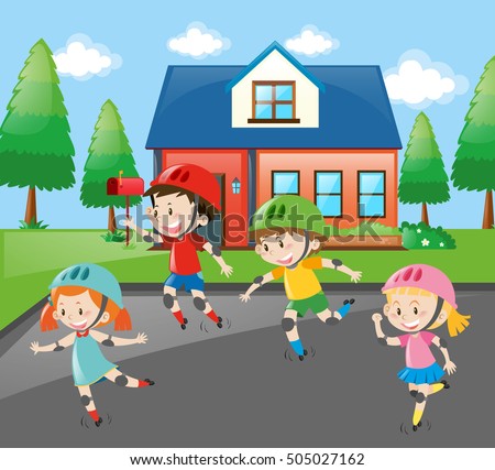 Children rollerskating on the road illustration