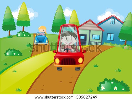 Children driving small cars on the road illustration