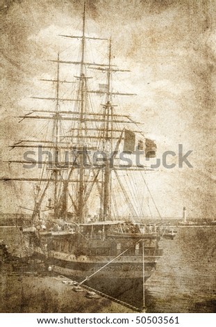 Old frigate. Photo made in vintage image style.