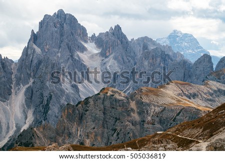 Tall towers of Cadini di Misurina in Dolomite Alps, Italy