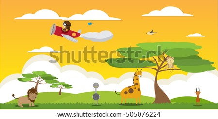 Africa landscape illustration with cute animals silhouette and african trees.boy riding  plane to discovery