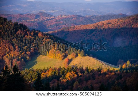 Slovak and Czech Carpaty mountain village against the backdrop of the Hutsul mountaineers deciduous and coniferous forests and wildlife are beautiful picturesque traditional like in the old days Royalty-Free Stock Photo #505094125