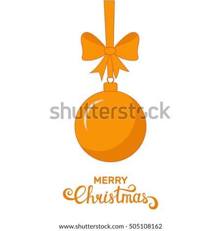 Christmas greeting card. Golden Christmas ball with ribbon and bow. Cartoon style Christmas decoration ball 