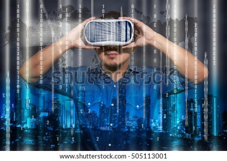 Asian Man wearing virtual reality Looking the digital numeric display of security or hacker on cityscape and world map  background, VR technology concept