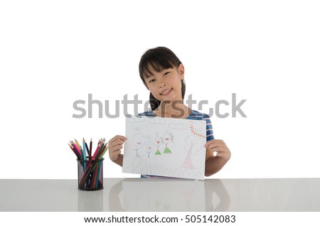 Little girl show displaying drawing her picture proudly.