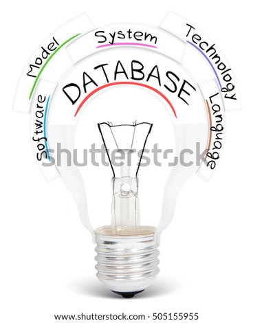 Photo of light bulb with DATABASE conceptual words isolated on white