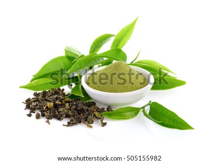 powder green tea and green tea leaf  on white background