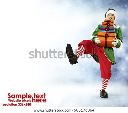 Elf with gifts and winter background. Popular website pixels resolution. 