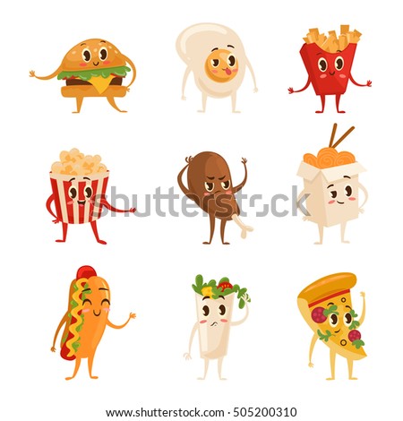 Collection of colorful cartoon fast food characters: hot dog, popcorn, cheeseburger, shawarma, scrambled egg, chicken, french fries, pizza. Vector illustration of different emotions isolated on white