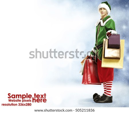 Winter time background and elf with few gifts. Photo in popular website resolution. 