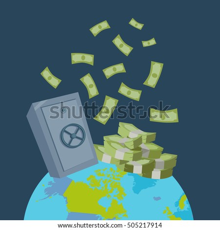 Worlds largest wealth concept vector. Pile of banknotes and safe on top of the planet in flat style design. Safety international money transfers. Illustration for credit, savings, payment services.