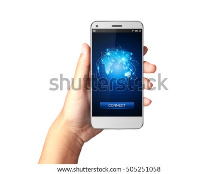 Hand holding Smartphone with Network connection on display.