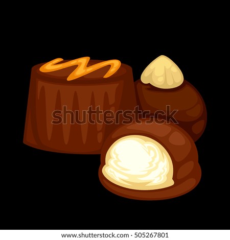 Delicious sweet dessert. Chocolate candy. Vector cartoon Illustration isolated.