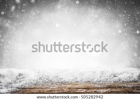 snow background light floor cold empty blue wooden space white table xmas top plank season wood card january frost falling concept - stock image