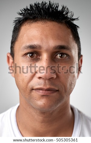 Portrait of real white caucasian man with no expression ID or passport photo full collection of diverse face and expressions