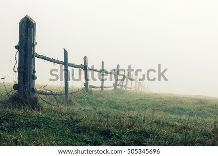 Landscape of dense fog in the field at sunrise in late summer