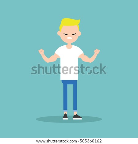 Young funny blond boy demonstrating his strength / editable flat vector illustration