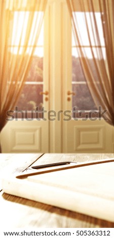 Window and wooden table background. Photo in popular website resolution. 