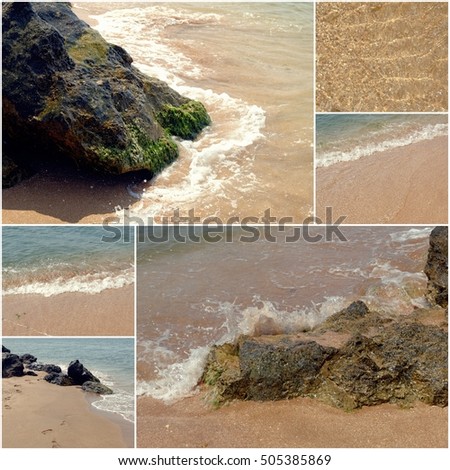 Collage of sea beach pictures. Set of summer vacation holiday images of solitary landscape