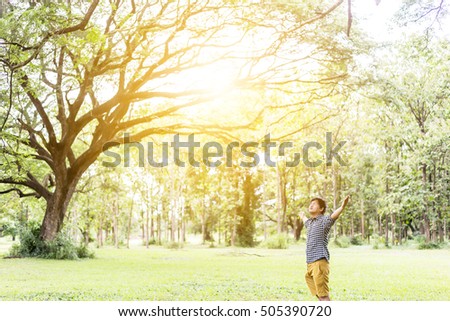 Happy Young Man with Hands Up on the Nature Background