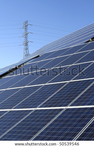 Modern solar photo voltaic panels with great blue cells with perspective view. Great for energy and environment themes.