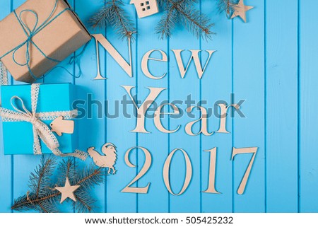 New Year holiday 2017. Blue wooden background