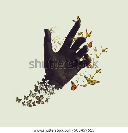 Life transformation concept image of butterflies flying out and around of black painted hand. Isolated background. Abstract symbol of freedom or dream, hope renewal and spirituality or human faith Royalty-Free Stock Photo #505459615