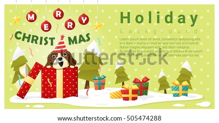 Merry Christmas Greeting background with dog inside gift box , vector , illustration