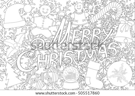 Merry Christmas Lettering Design. Vector illustration isolated on the white background for coloring book