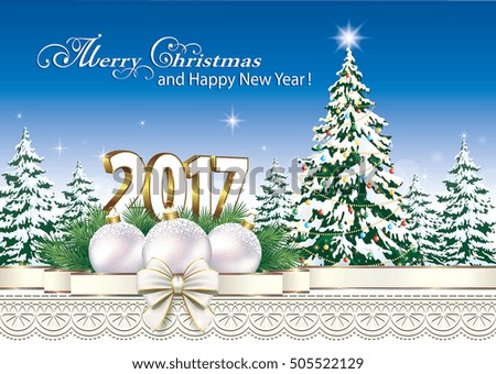 2017 Christmas card with Christmas tree and ball on the background of nature and ornament