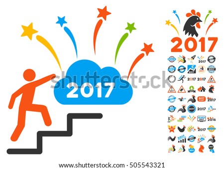 Man Steps to 2017 Dream Fireworks pictograph with bonus 2017 new year symbols. Vector illustration style is flat iconic symbols,modern colors.