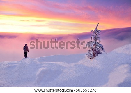 Happy young tourist on the top of the snowy hill with beautiful white tree. Original colorful wallpaper with christmas theme.