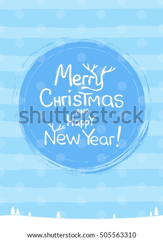 Merry Christmas lettering text into winter Christmas ball decorated snow. Winter holiday background with typography element.