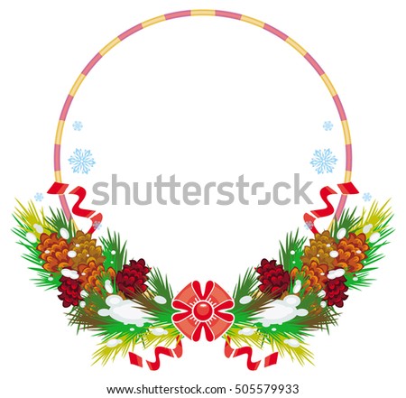 Holiday round frame with pine branch, snow-flakes and cones. Vector clip art.