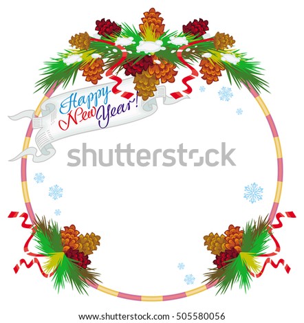 Holiday round frame with pine branch, snow-flakes and cones. Vector clip art.