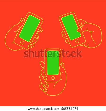 Minimal vector set of hand with touchscreen smartphones. Presentation app of smartphone of character hand. Vector line smartphone in character hand. Vector presentation of smartphone app for store