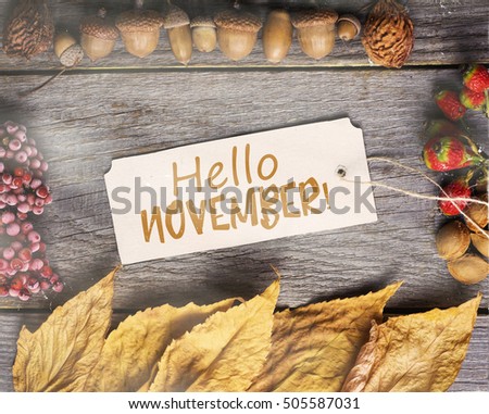 Hello november.  frame of autumn decor  Poster card with sunlight filter and toned grunge  image