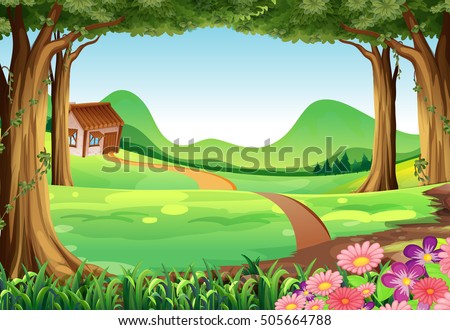 Scene with house in the field illustration