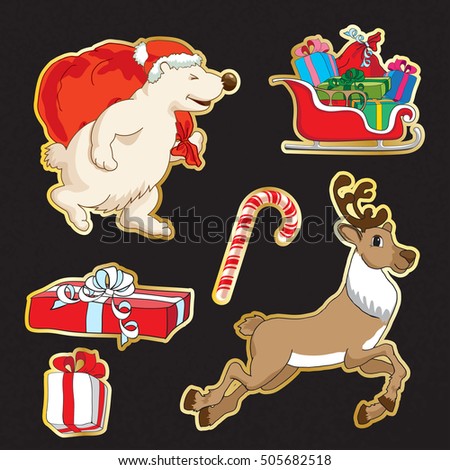 Christmas scrap Set of modern flat style stickers. Santa's animals Bear and deer, gifts and candy cane.