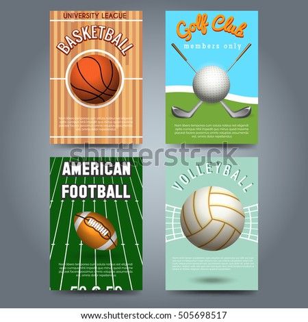 Sport brochure flyers template set. Basketball volleyball american footbal and golf cards. Vector illustration