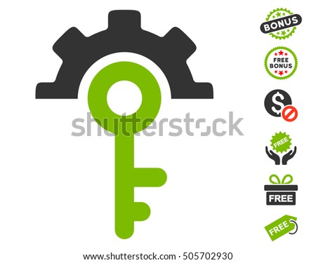 Key Options icon with free bonus pictograms. Vector illustration style is flat iconic symbols, eco green and gray colors, white background.