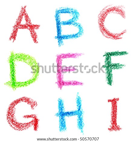 Crayon alphabet isolated over white background, Lettrs A - I