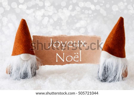 Bronze Gnomes With Card, Text Joyeux Noel Means Merry Christmas