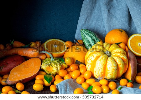Autumn Orange Vegetables and Fruits, Beautiful Nature Background, Toned Picture, Free Space for Text